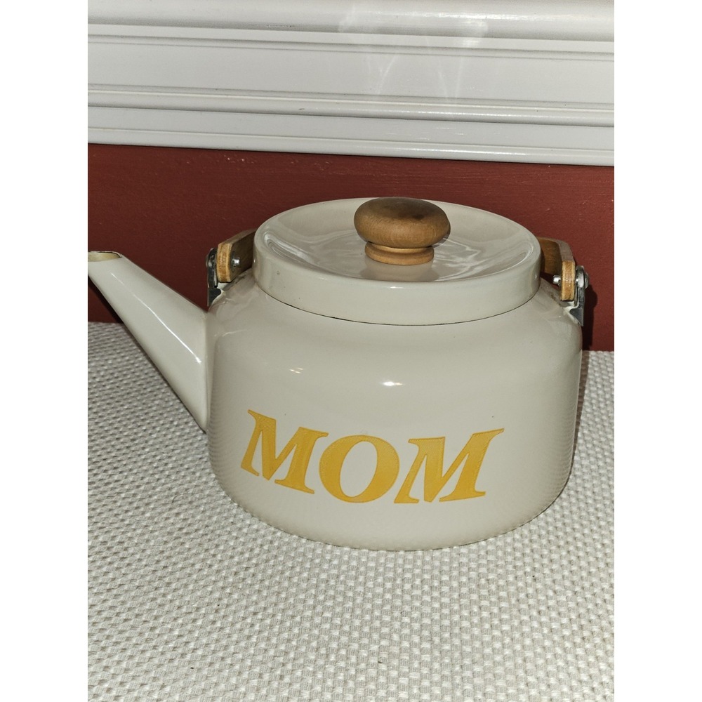 Vintage Enamel Ware Mom Tea Pot Kettle Wood Handle Retro MCM